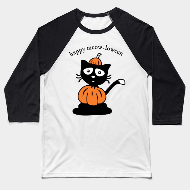 Happy Meow-loween Black Cat Halloween Pumpkin Costume Baseball T-Shirt by faiiryliite